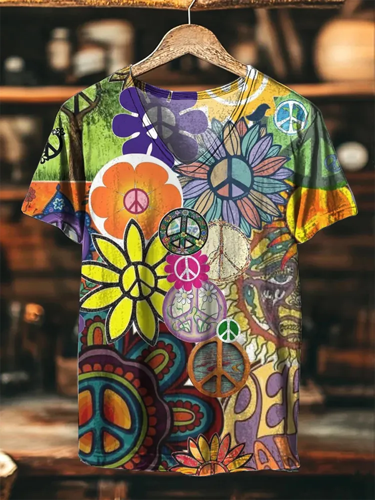 Women'S T-Shirt Retro Colored Flower Pattern Print V-Neck And Short Sleeves