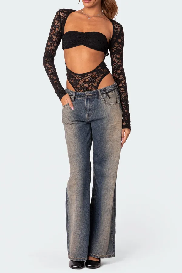 Black Sheer Lace Two Piece Bodysuit