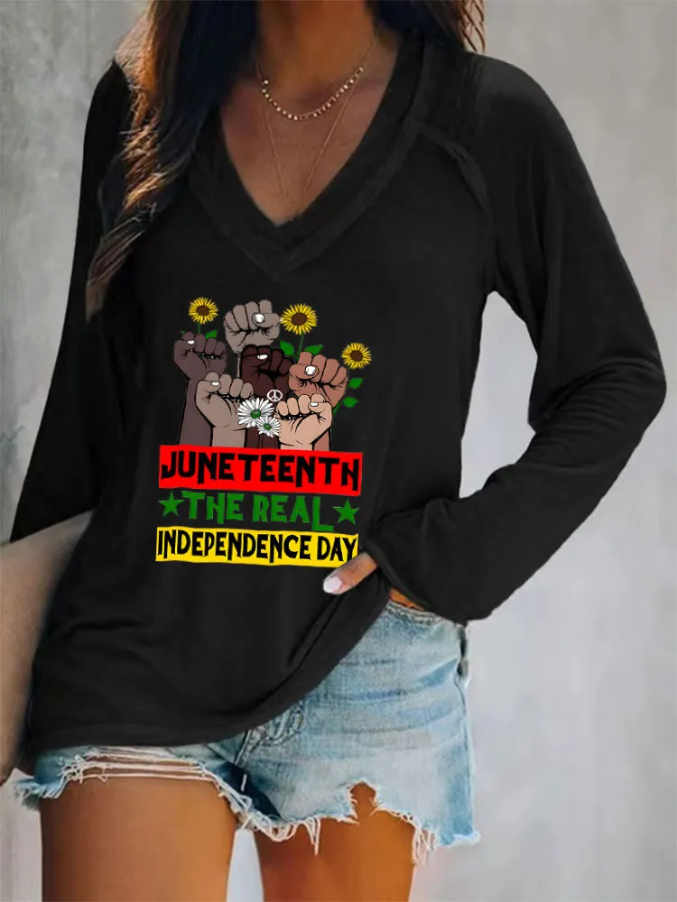 Women'S V-Neck Long-Sleeved T-Shirt Juneteenth The Real Independence Day