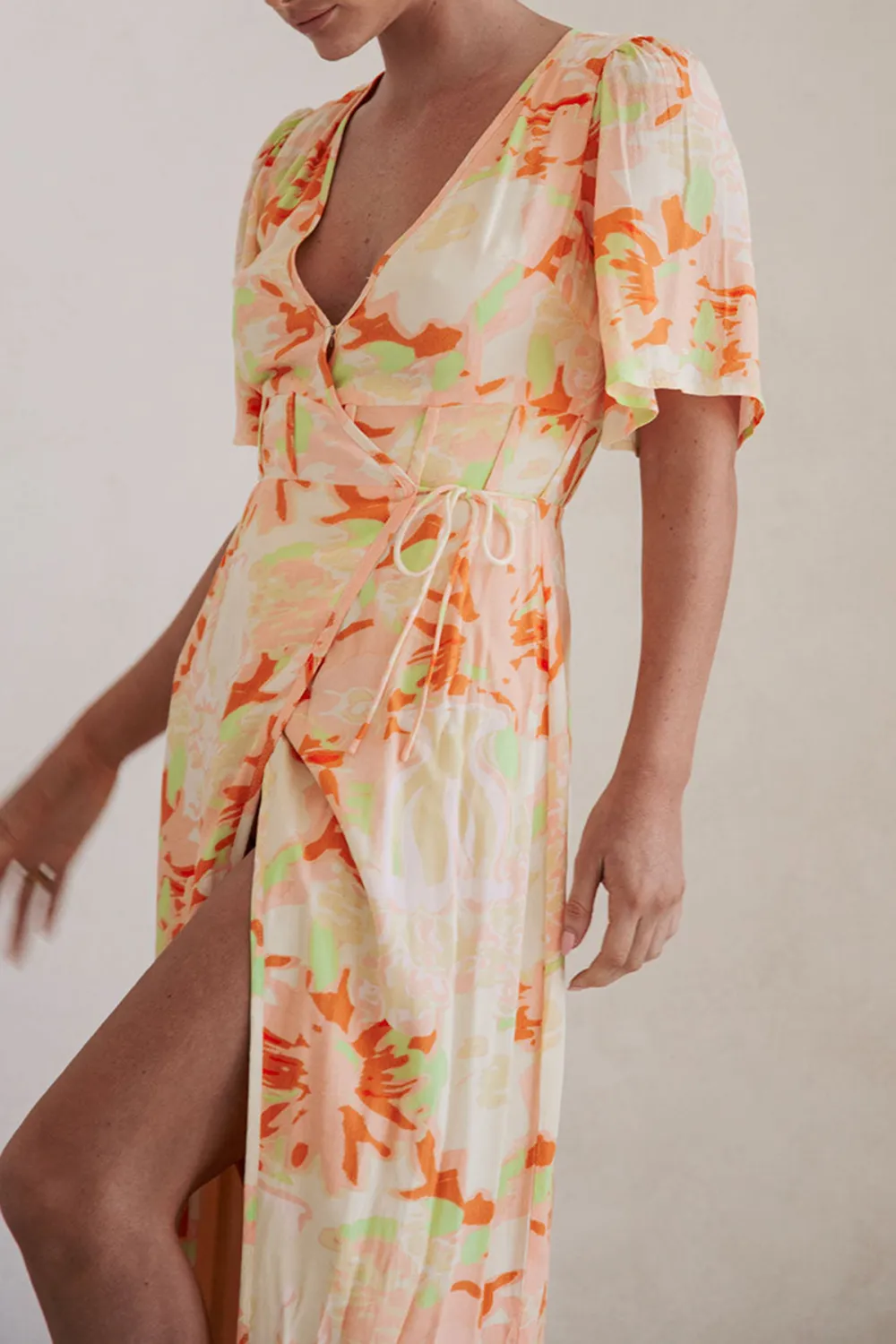 Floral Print Wrap Style Slit Midi Dress