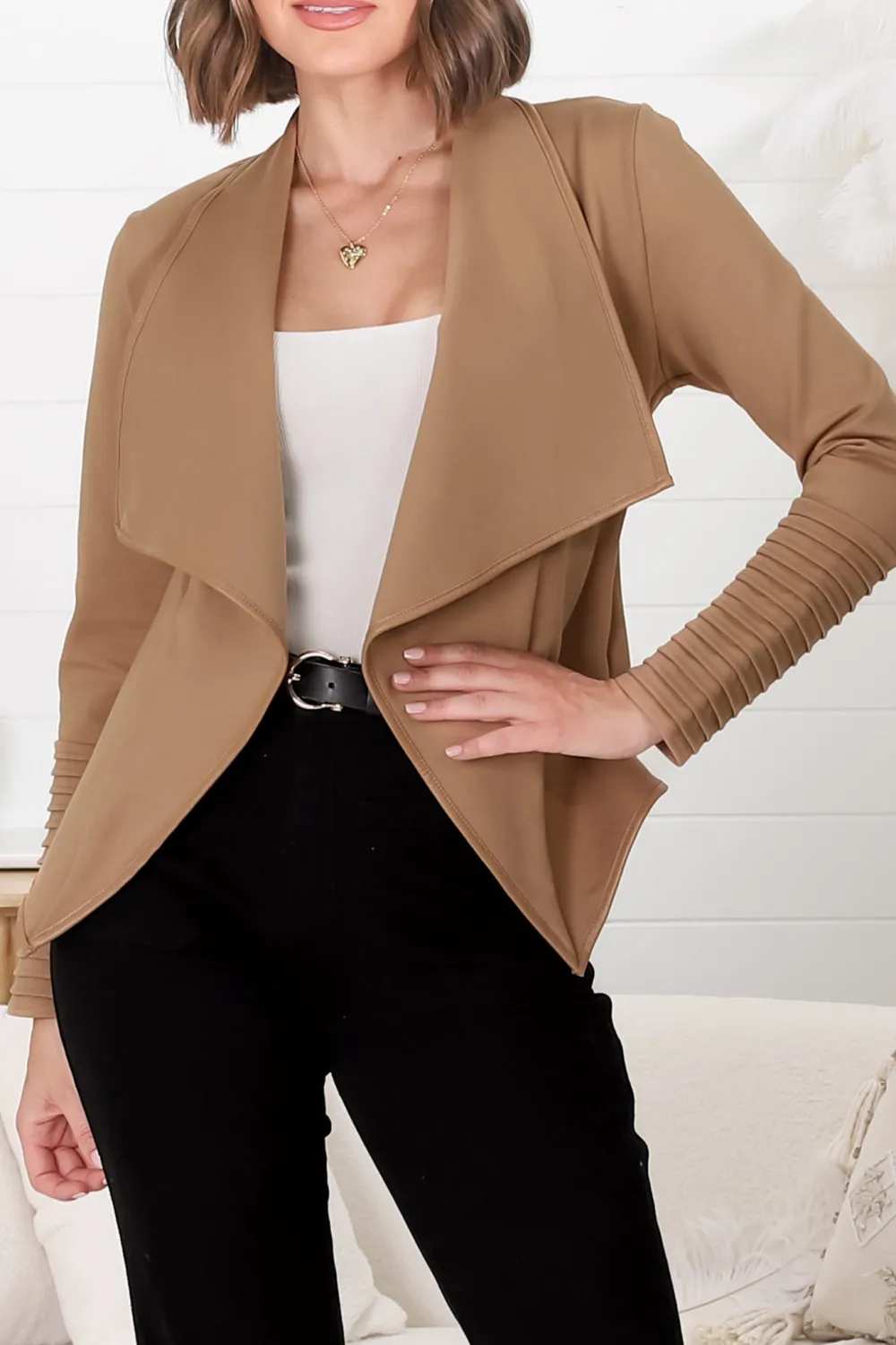 Camel Draped Open Front Jacket
