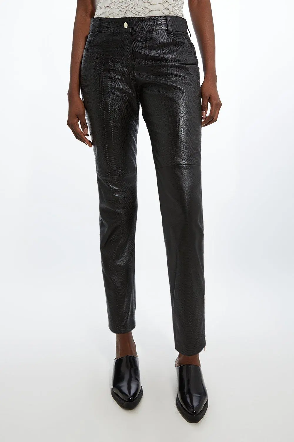 Snake Print Leather Slim Leg Low Rise Trousers