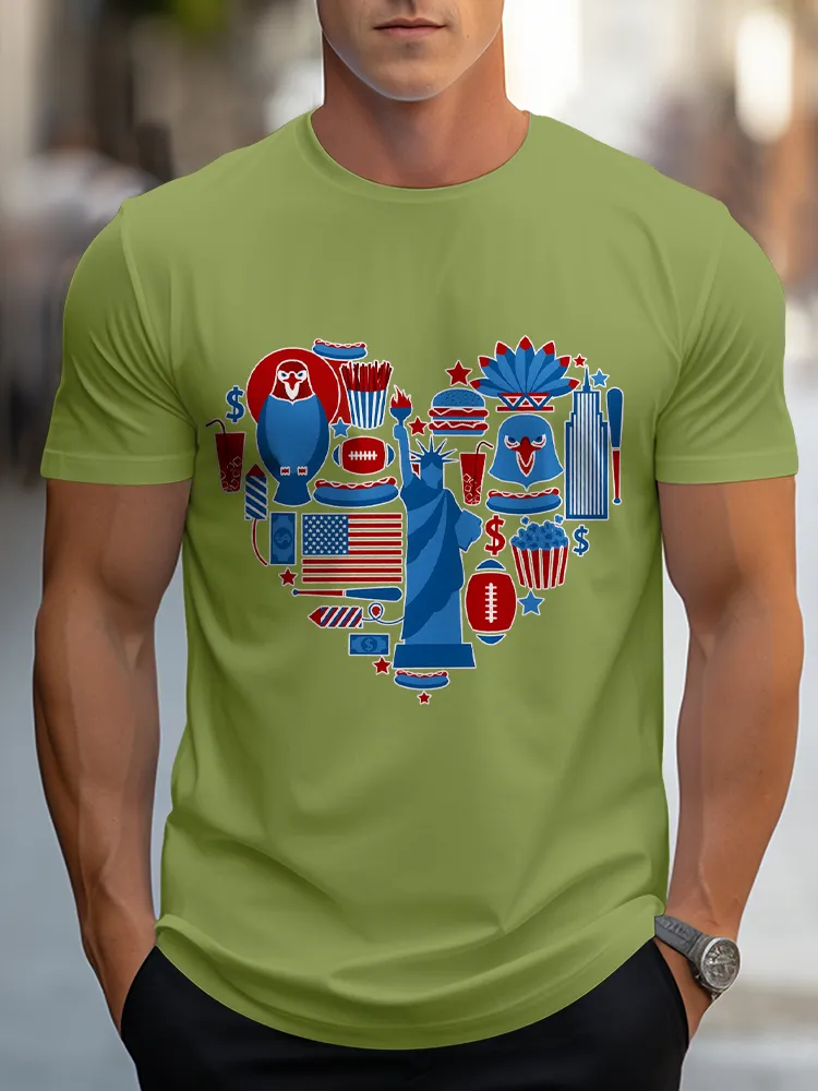 Man'S Heart-Shaped Print Round-Neck Short-Sleeved T-Shirt