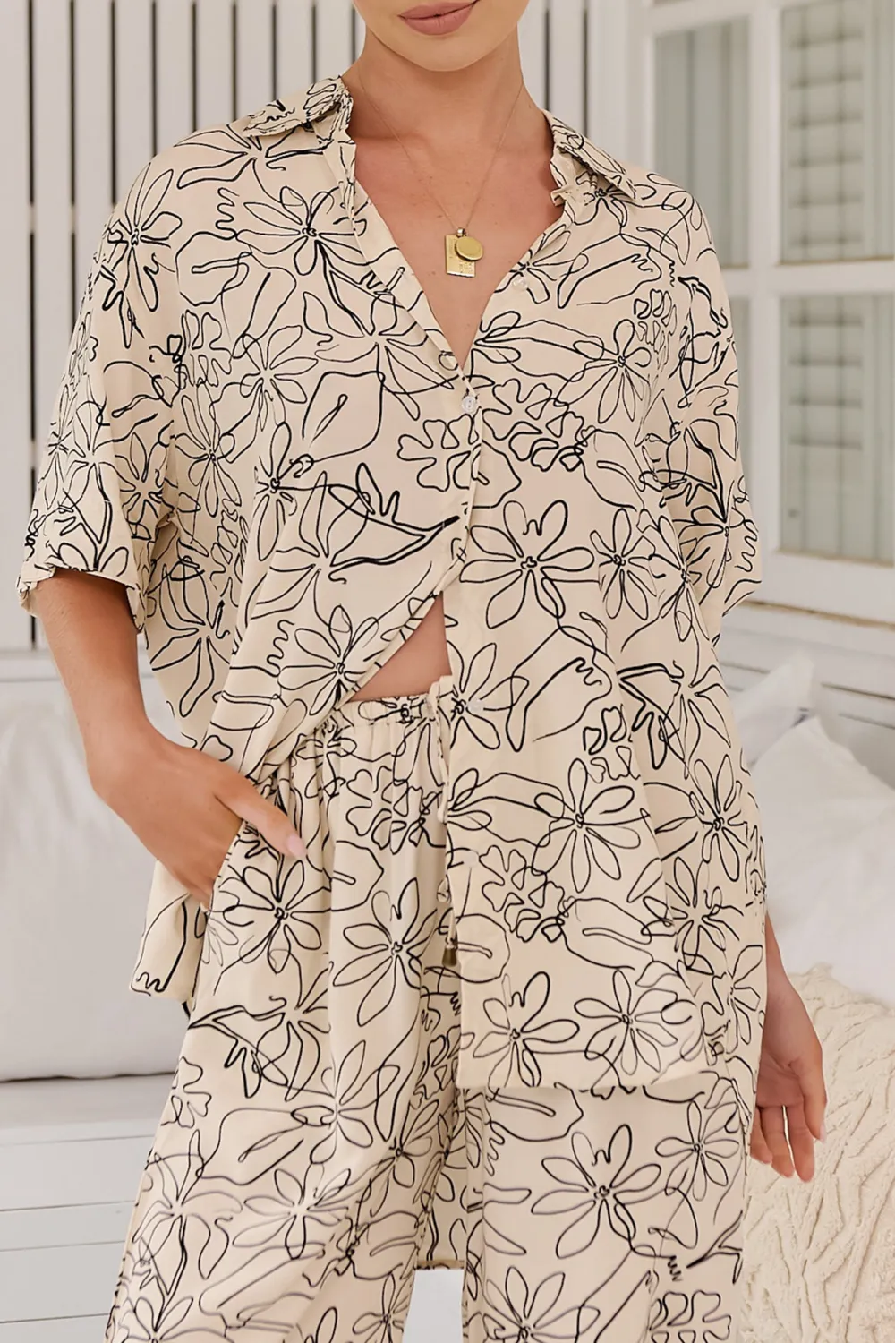 Beige Floral Print Short Sleeve Shirt