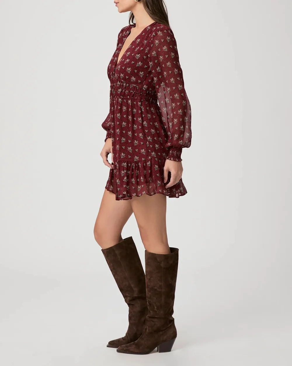 Burgundy Ditsy Print Long Sleeve Mini Dress