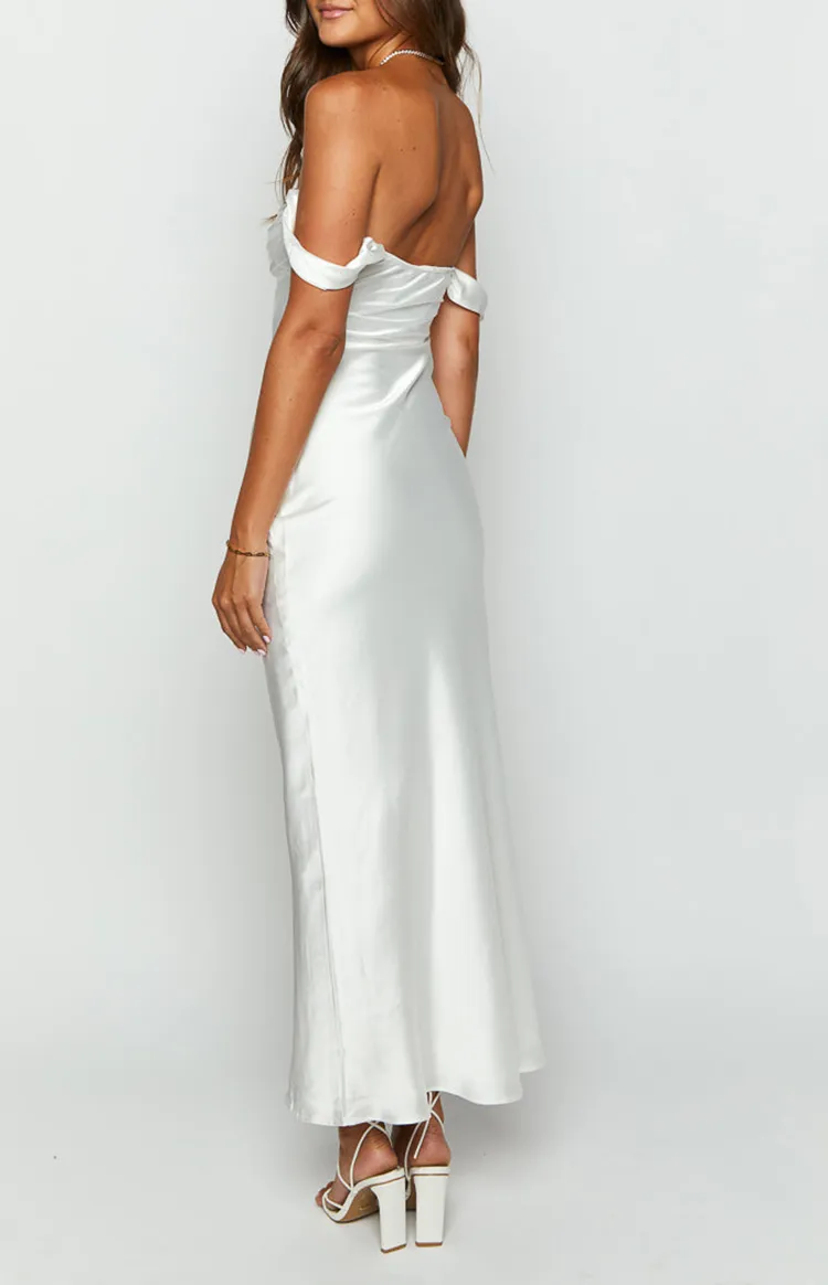 Off Shoulder White Satin Evening Gown Formal Dresses