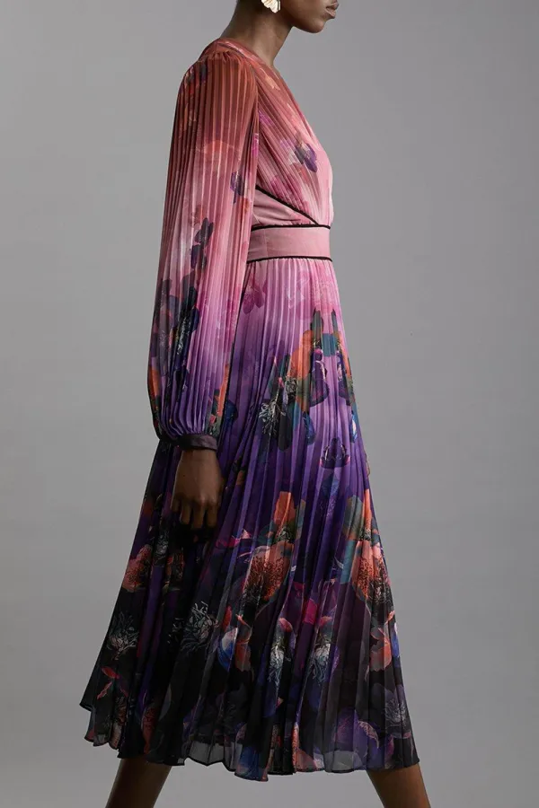 Ombre Floral Soft Pleated Long Sleeve Maxi Dress