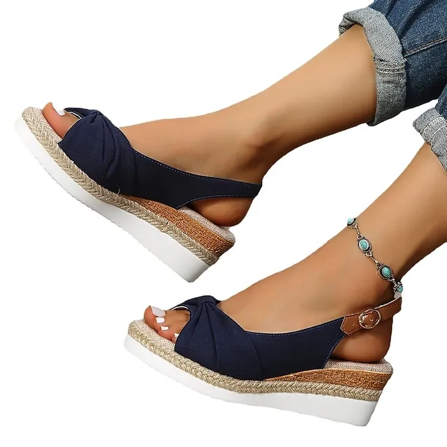 Women's Sandals Wedge Sandals Espadrilles Platform Sandals Outdoor Daily Beach Summer Bowknot Platform Wedge Heel Open Toe Vintage Elegant Casual Faux Leather Buckle Solid Color Black Pink Blue