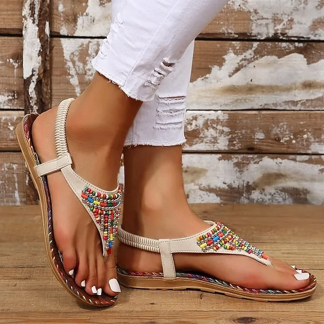 Women's Sandals Boho Bohemia Beach Flat Sandals Plus Size Daily Summer Flat Heel Open Toe Casual Minimalism PU Leather Faux Leather Elastic Band Solid Colored Dark Brown Beige