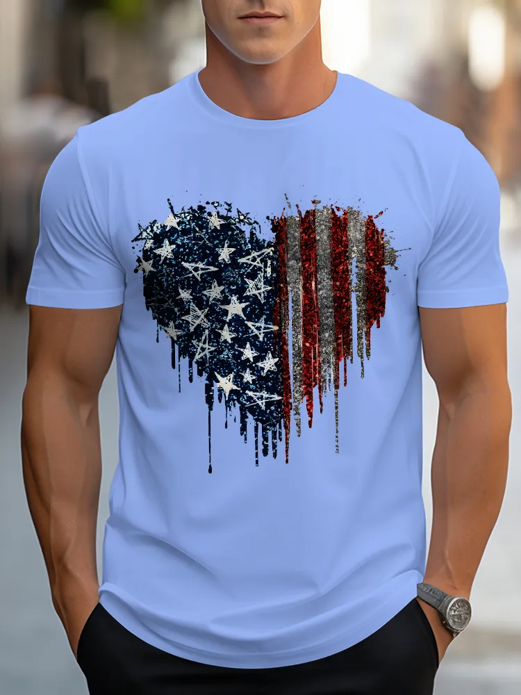 Man'S Star Stripe Heart Round-Neck Short-Sleeved T-Shirt