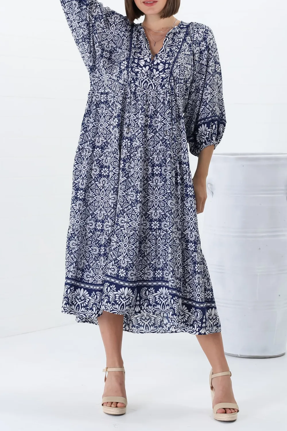 Blue Patterned Half Sleeve Midi Dress