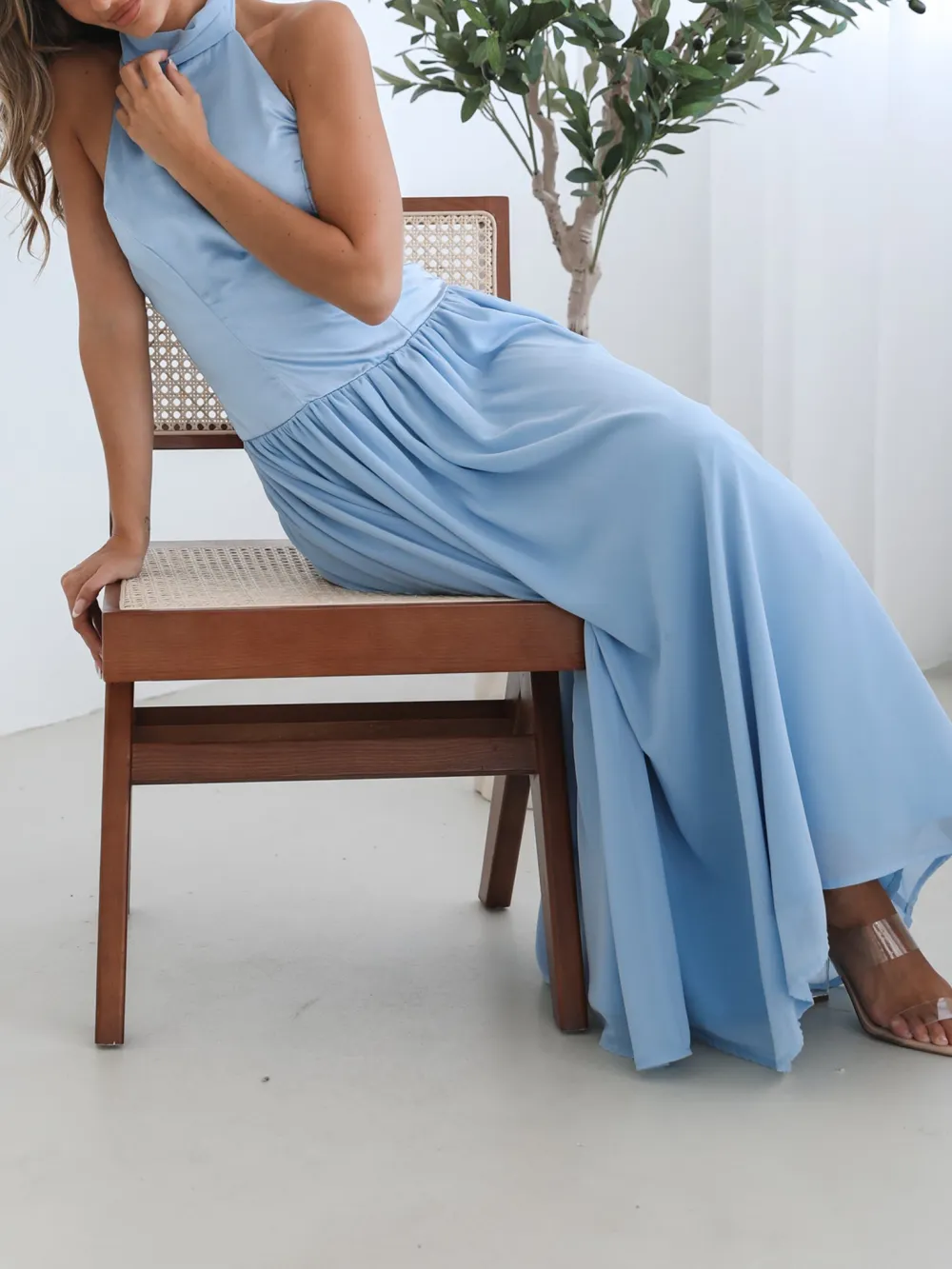 Blue Casual Style Halter Neckline Dress