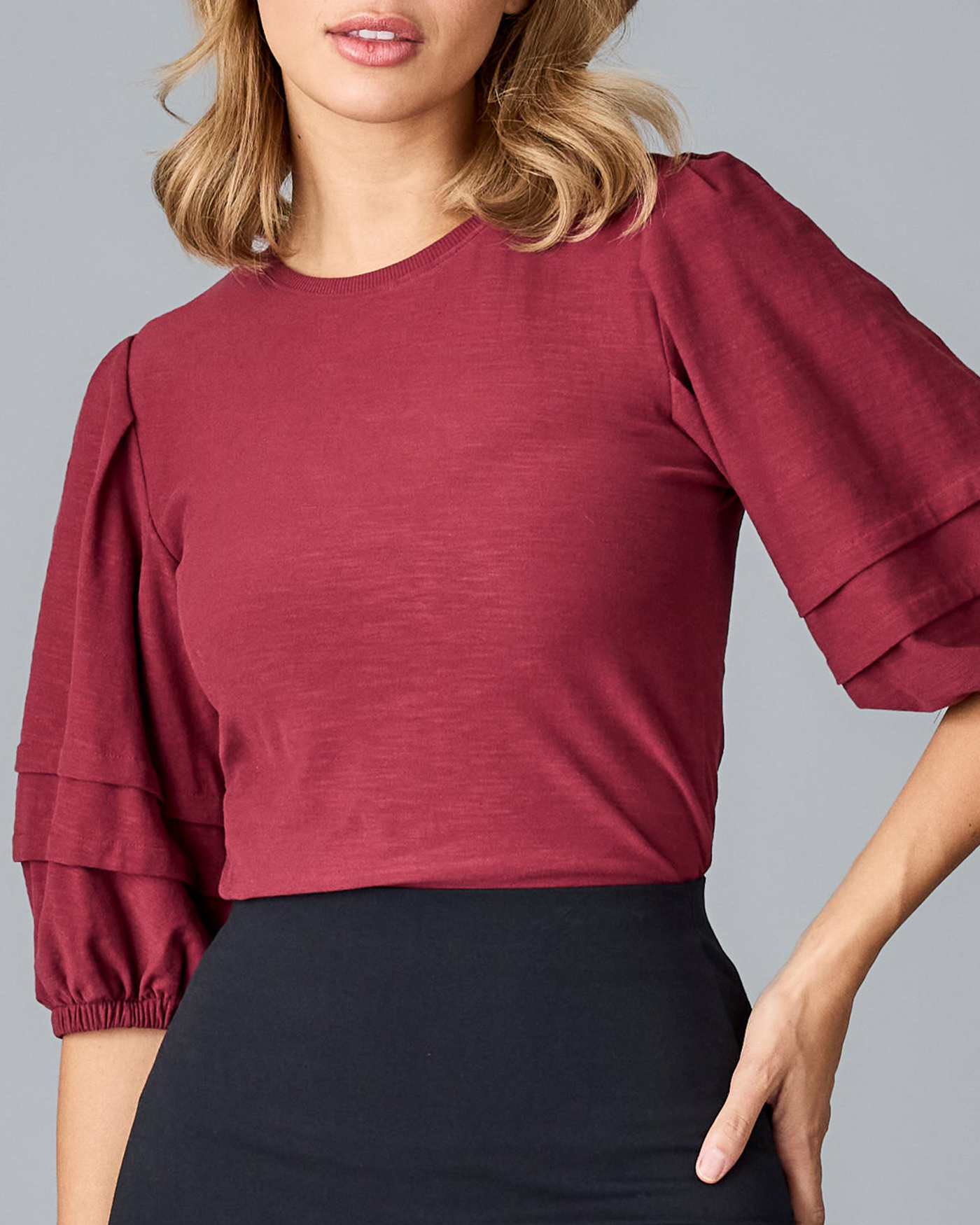 Wine Red Ruffled Three Quarter Sleeves Blouse