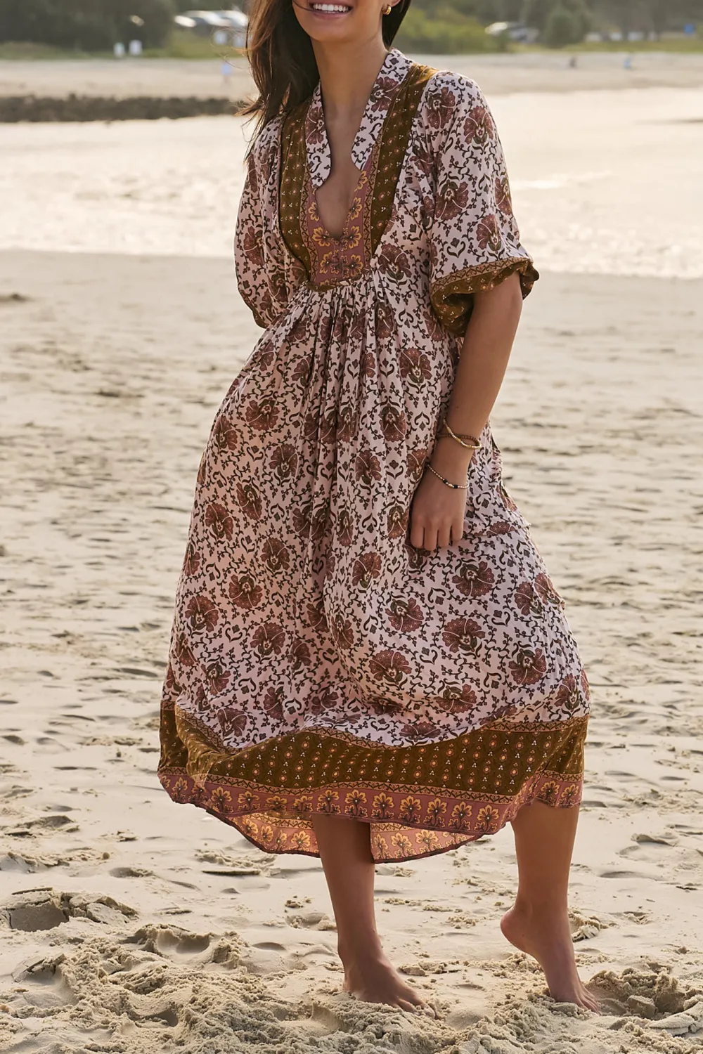 Brown Patterned V Neck Half Sleeve Maxi Dress