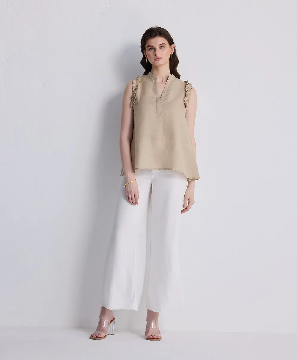 Reistor® Sleeveless 100% Hemp Top with Ruffles in Neutral Beige