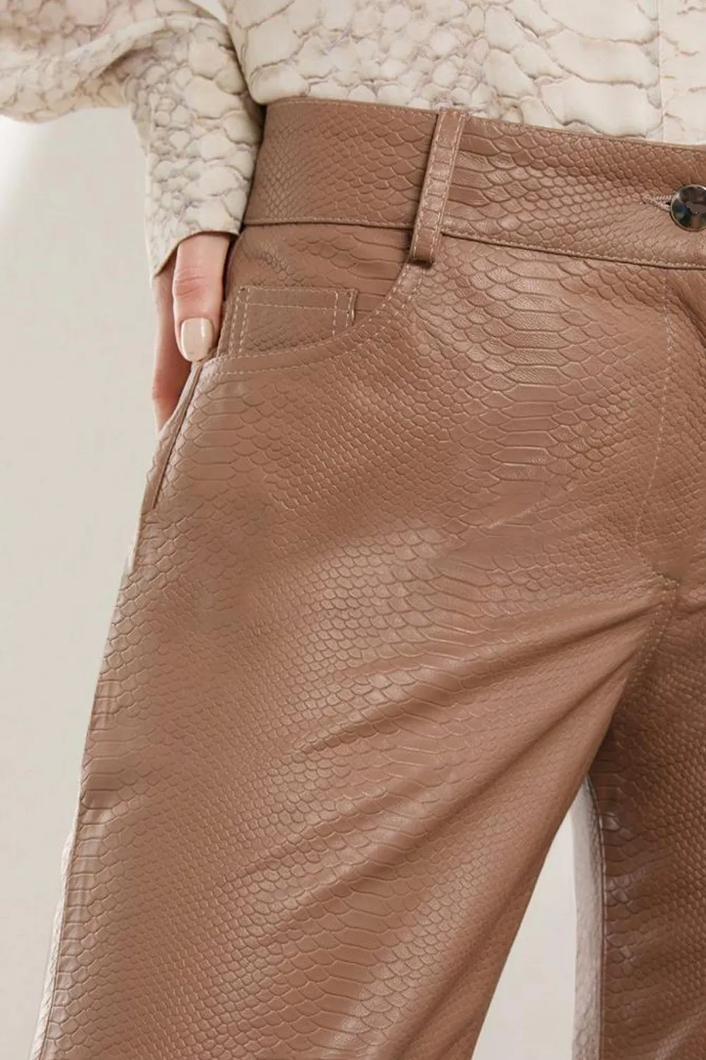Snake Print Leather Slim Leg Low Rise Trousers