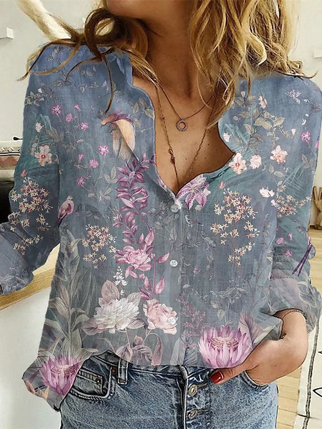 Women's Shirt Blouse Black Pink Army Green Graphic Floral Button Print Long Sleeve Daily Weekend Tropical Vintage Shirt Collar Regular Floral S