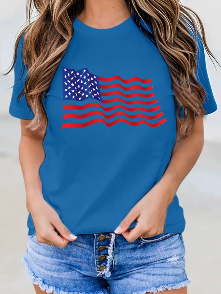 Woman'S Independence Day Flag Print Short-Sleeved T-Shirt