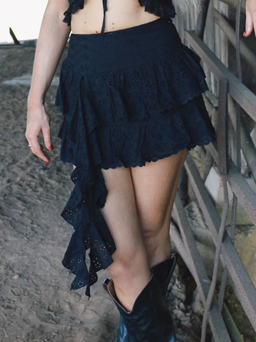 Black Crochet Layer Asymmetric Hem Skirts