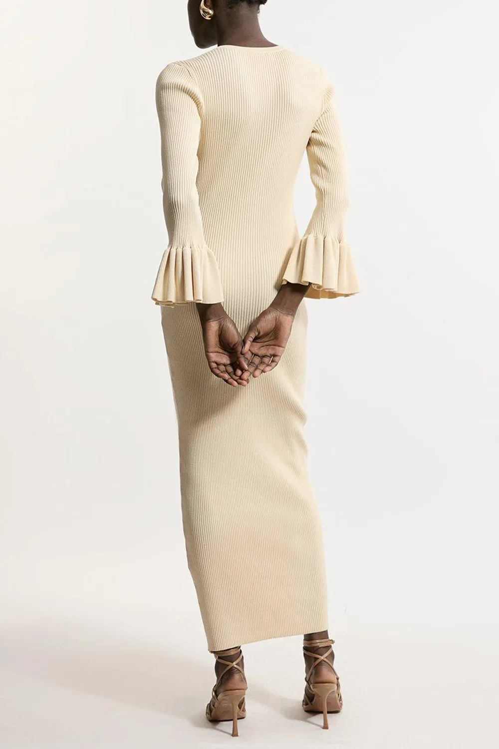 Trumpet Sleeve Rib Knit Midi Dress