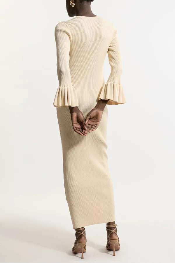Trumpet Sleeve Rib Knit Midi Dress