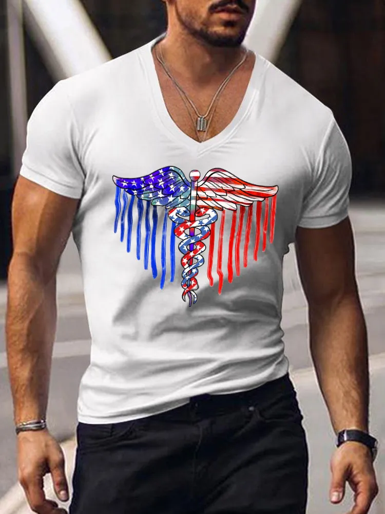 Snake Wing National Flag Print Short-Sleeved V-Neck T-Shirt