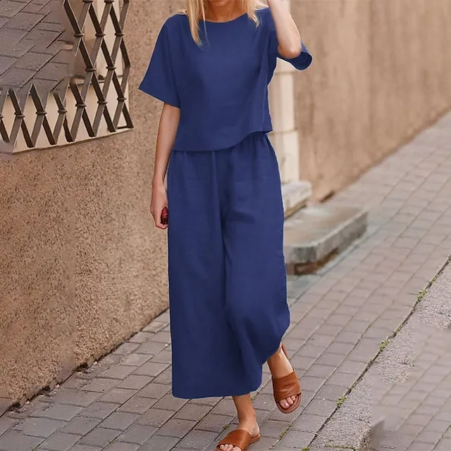 Women's Loungewear 2 Piece Linen Sets Solid  Color Crew Neck  Lounge Set Short Tops with Long Pants Spring Summer