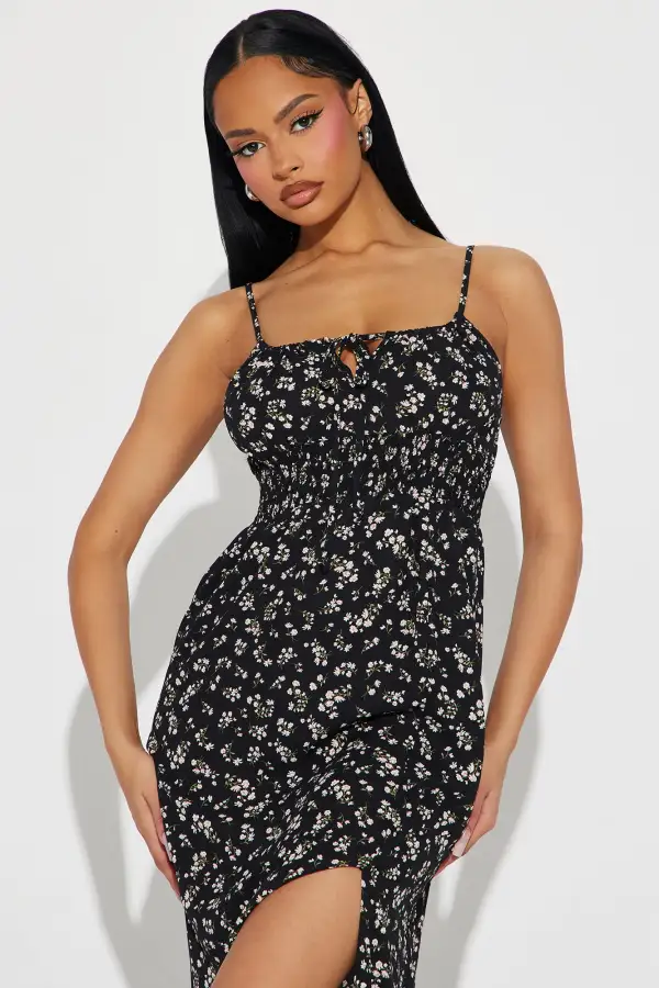 High Slit Floral Maxi Dress - Black