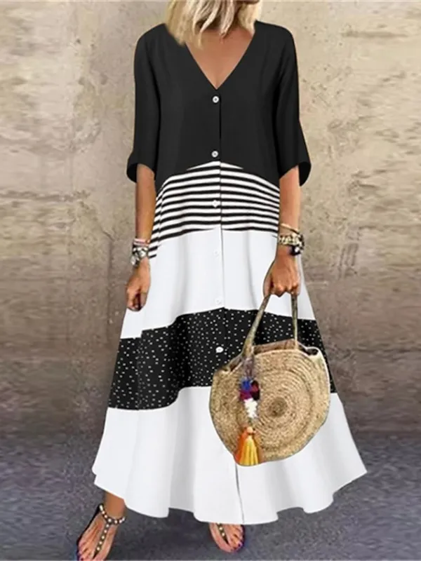 Women's Casual Dress Swing Dress Long Dress Maxi Dress Brown Half Sleeve Color Block Button Summer Spring V Neck Basic 2023 5XL