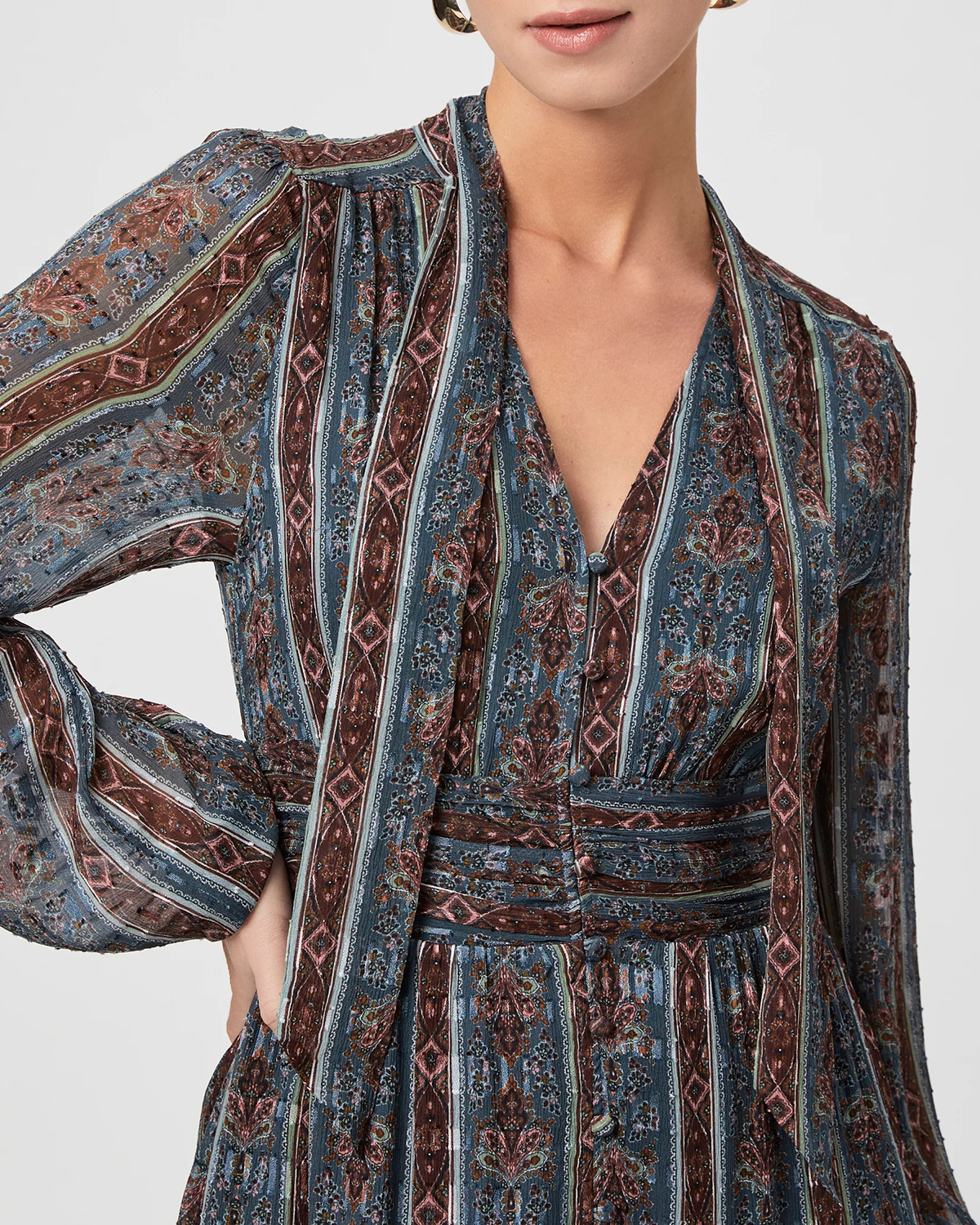Calico Blue Multi Silk Striped Wrap Midi Dress