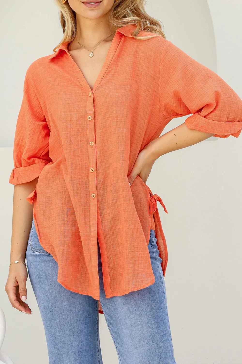 Orange Linen Tie Side Roll Up Shirt
