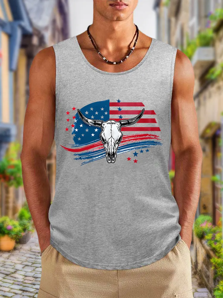 Men'S National Flag And Bull Head Print Round-Necked Sleeveless Vest