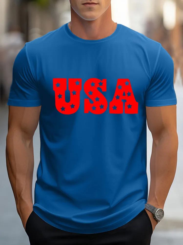 Man'S USA Print Round-Neck Short-Sleeved T-Shirt