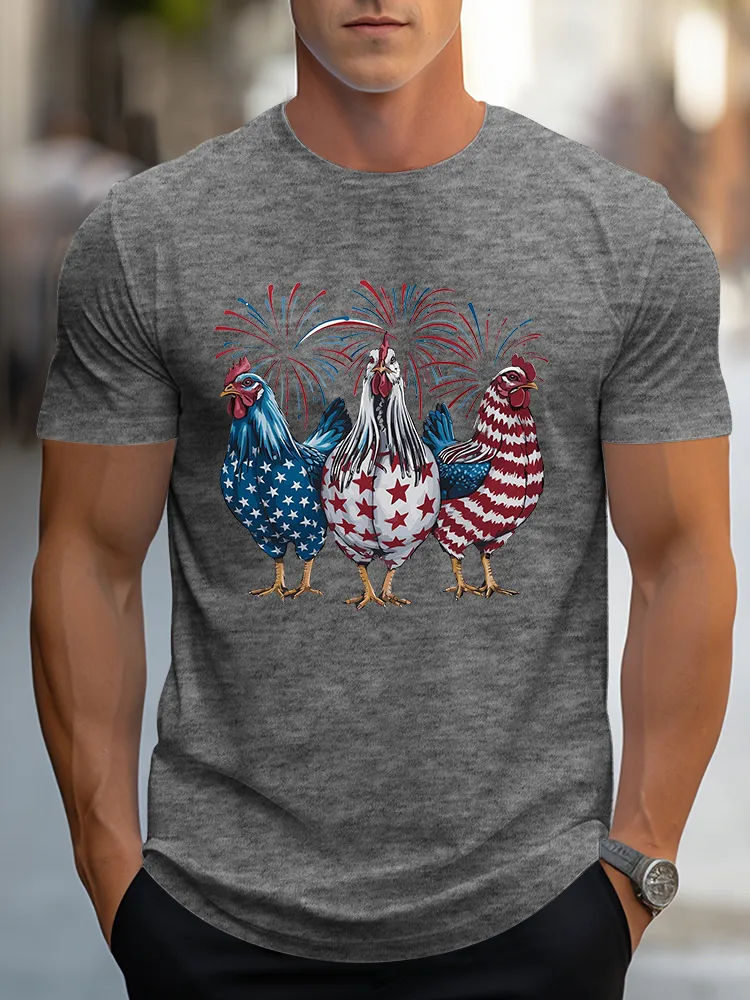 Man'S Independence Day Fireworks Rooster T-Shirt With Round-Neck And Short Sleeves