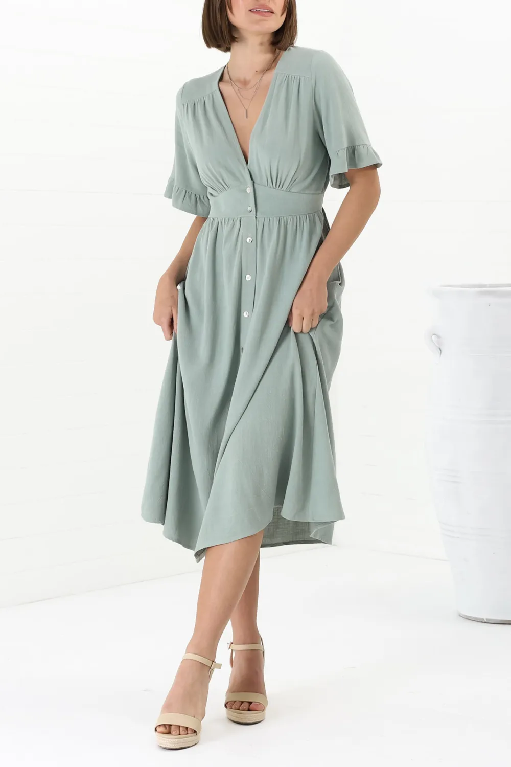 Light Green Button Down Flutter Sleeve Midi Dress