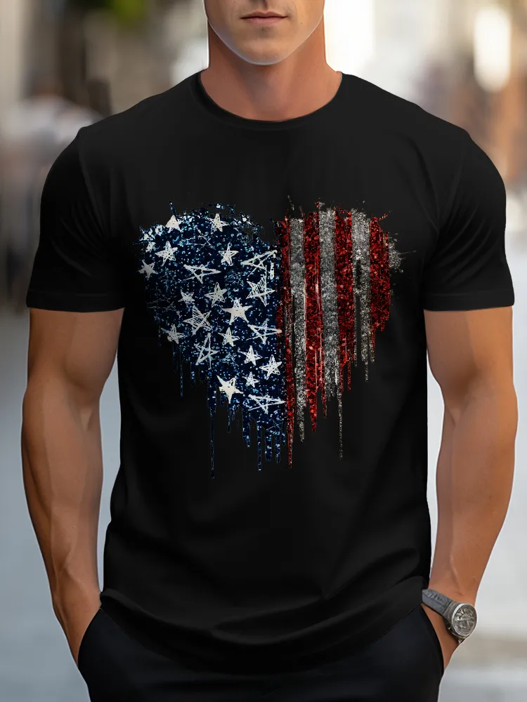 Man'S Star Stripe Heart Round-Neck Short-Sleeved T-Shirt
