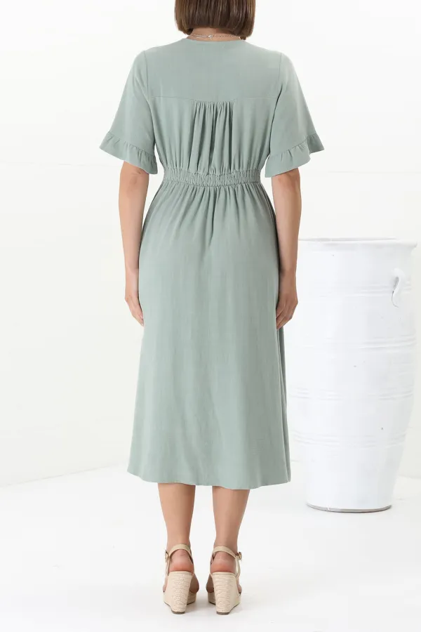 Light Green Button Down Flutter Sleeve Midi Dress