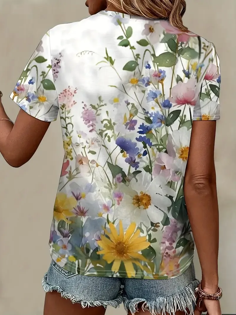 Women's Casual Floral Print Short Sleeve V Neck T-Shirt