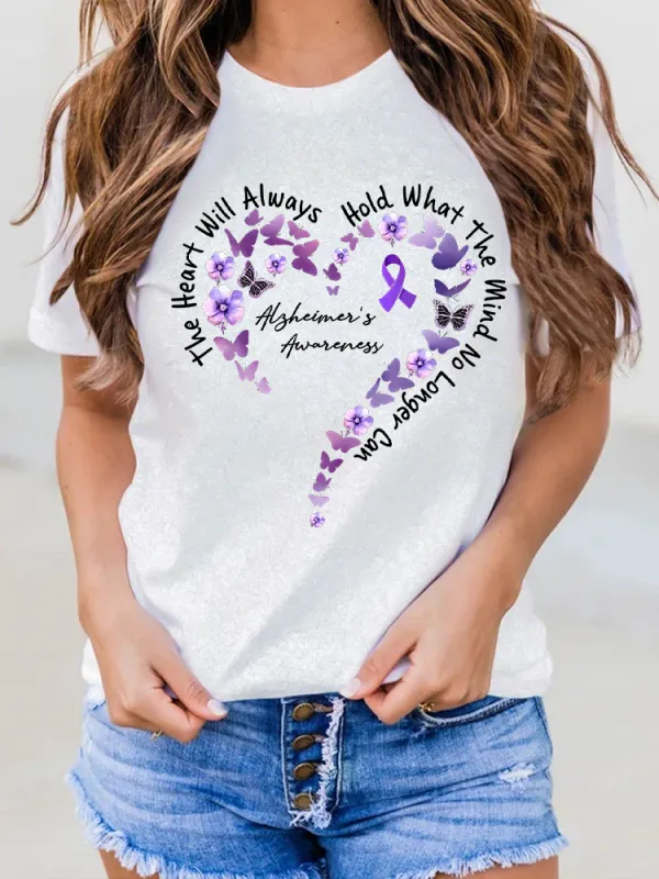 Women'S The Heart Will Always Hold What The Mind No Longer Can Alzheimer'S Awareness Round-Neck Short-Sleeved T-Shirt
