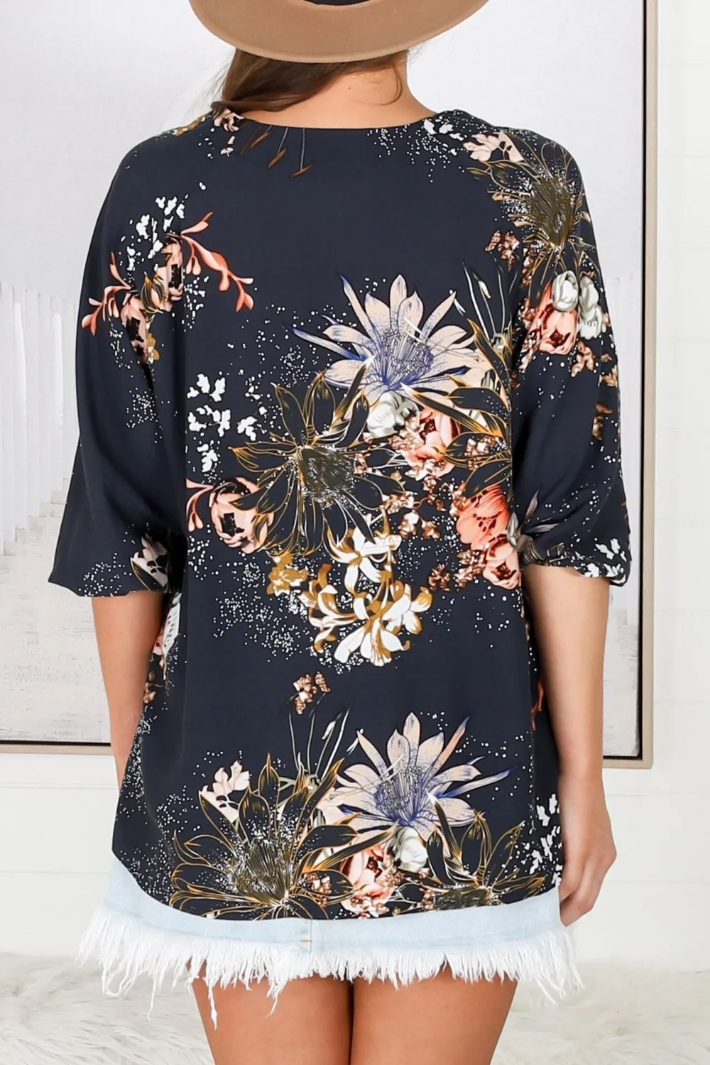 Navy Blue Floral Print Tie Front Blouse