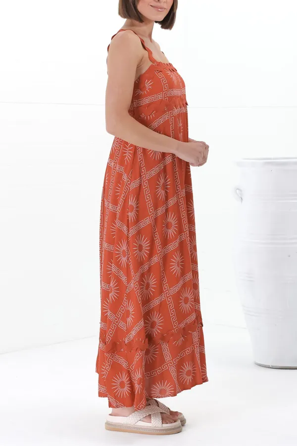 Orange Patterned Scallop Strap Maxi Dress