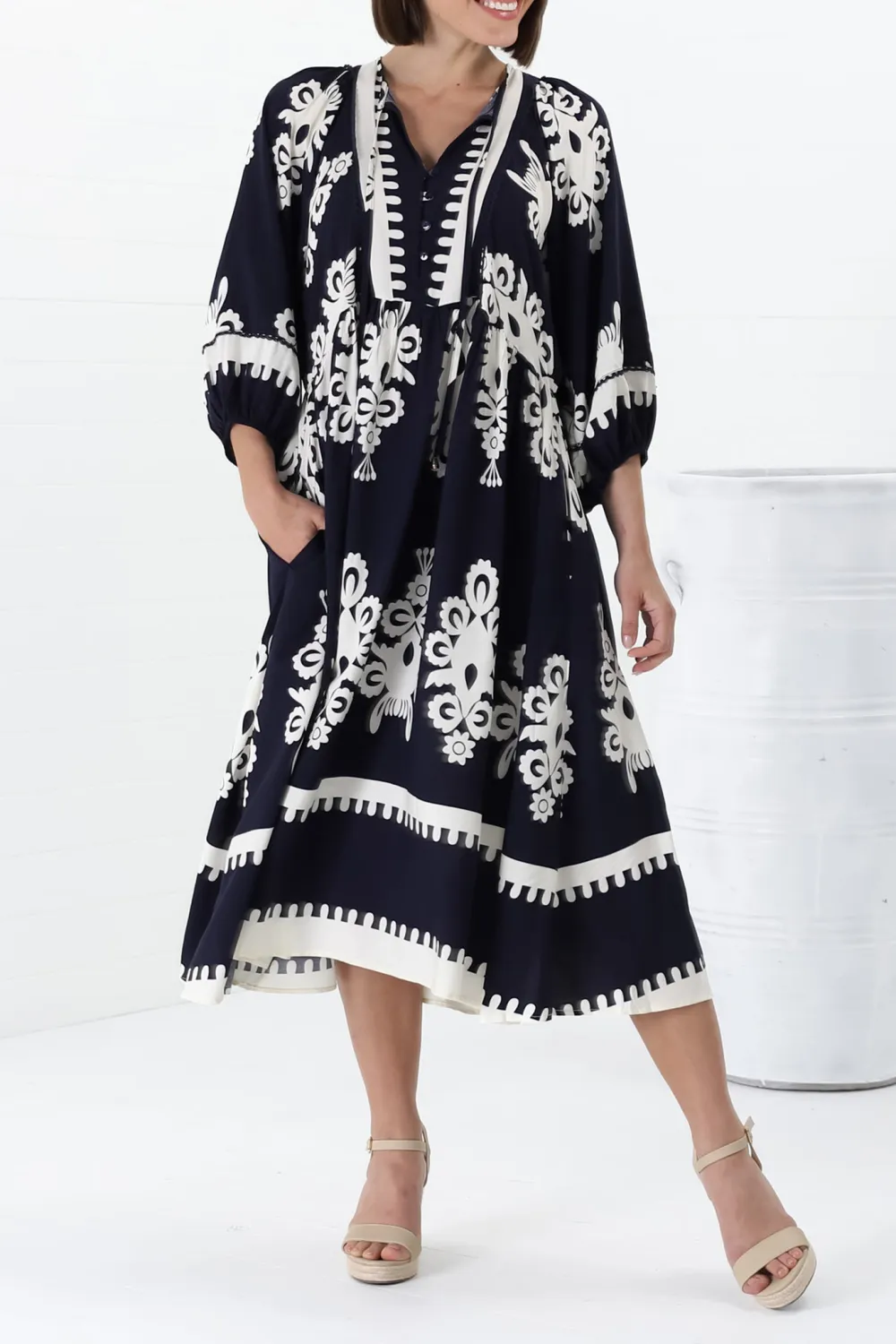 Navy Patterned Half Sleeve Midi Dress