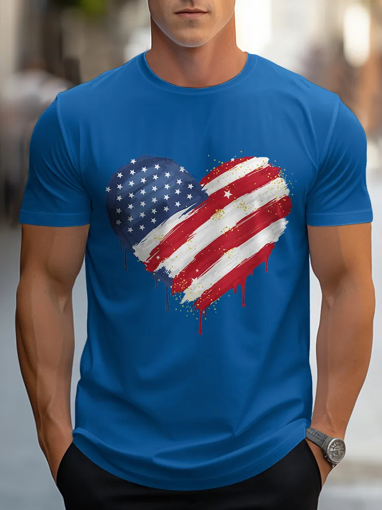 Man'S Star Stripe Heart Pattern Round-Neck Short-Sleeved T-Shirt