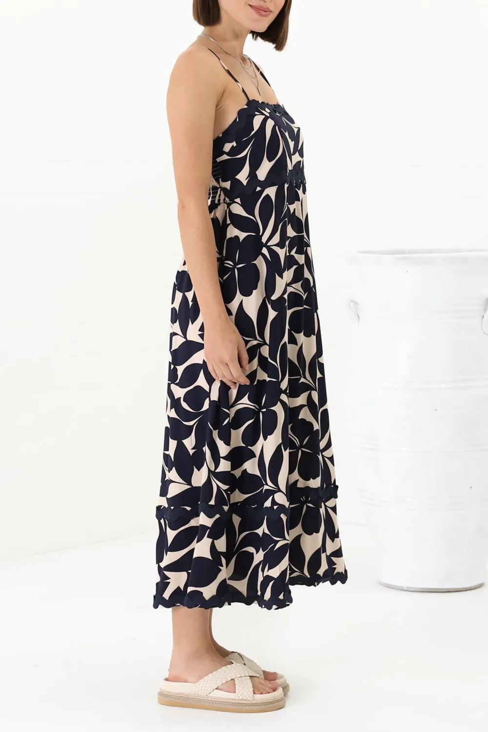 Navy Blue Leaf Print Asymmetric Midi Dress