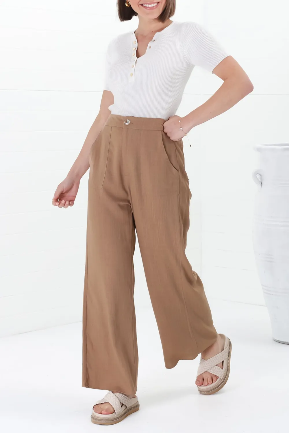 Tan High Waist Wide Leg Casual Pants