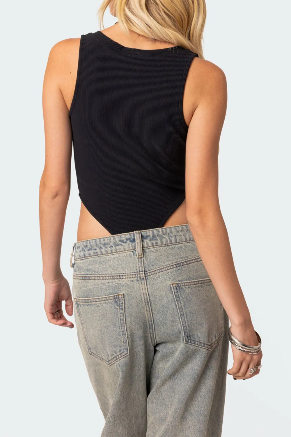 Balck High Cut Ribbed V Neck Bodysuit