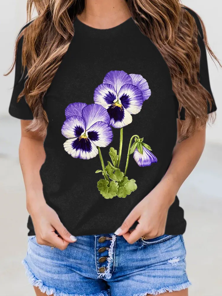 Women'S Floral Printed Alzheimer'S Awareness Short-Sleeved T-Shirt