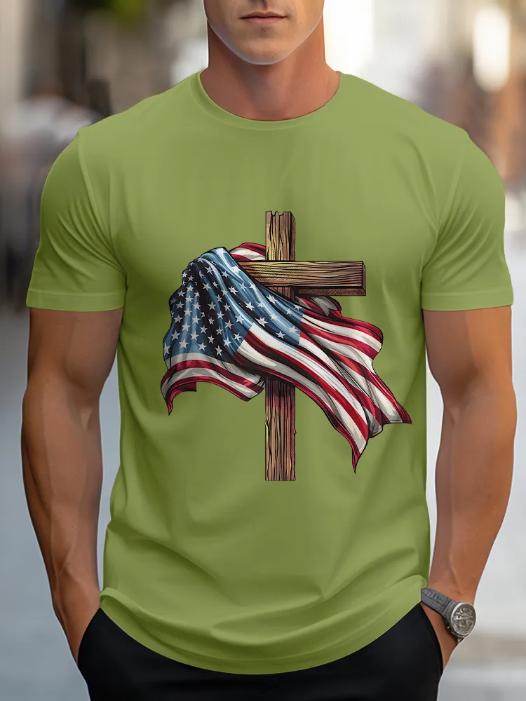 Man'S The Stars And Stripes Cross Print Round-Neck Short-Sleeved T-Shirt