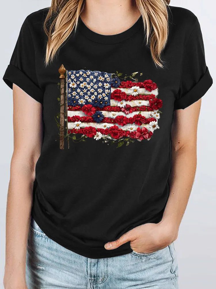 Woman'S Independence Day Floral Flag Print Short-Sleeved T-Shirt