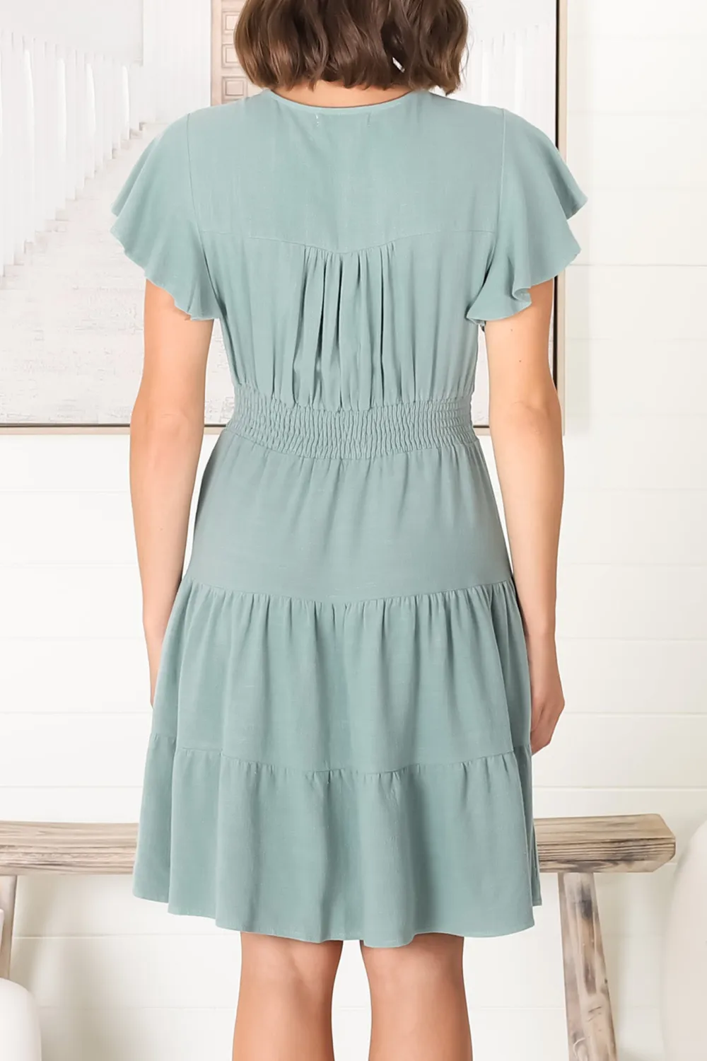Light Green Ruffled Tiered Button Front Dress